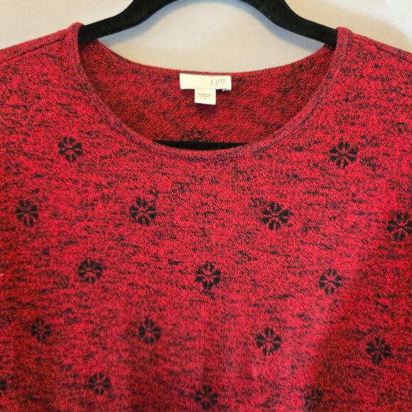 J JILL RELAXED RED BLACK PULLOVER SWEATER JACQUARD BORDER SIZE LARGE SOFT COTTON - Picture 3 of 8
